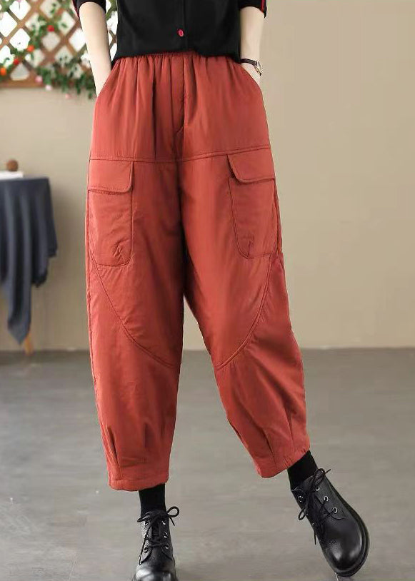 Brick Red Elastic Waist Pockets Fine Cotton Filled Pants Winter