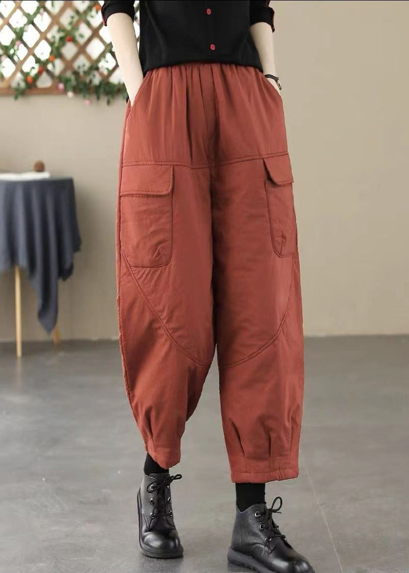 Brick Red Elastic Waist Pockets Fine Cotton Filled Pants Winter