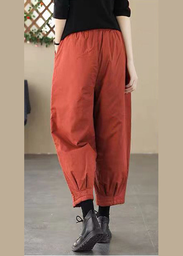 Brick Red Elastic Waist Pockets Fine Cotton Filled Pants Winter