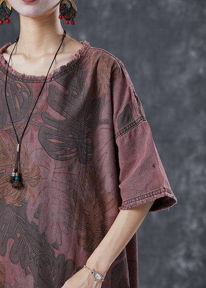 Brick Red Oversized Print Denim Dresses Winter