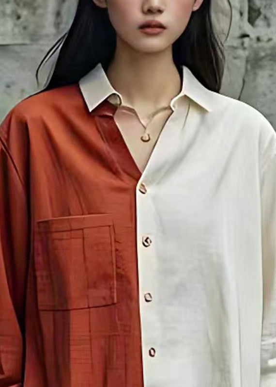 Brick Red Peter Pan Collar Patchwork Shirts Long Sleeve