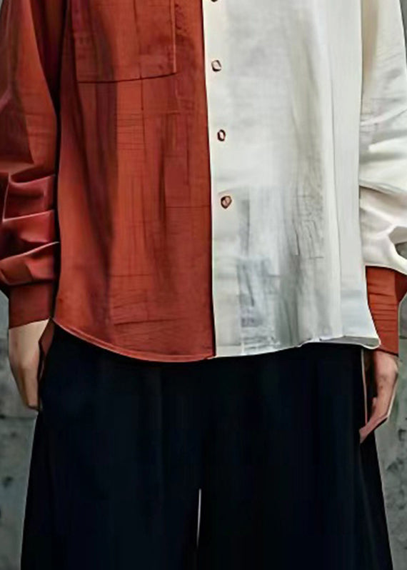 Brick Red Peter Pan Collar Patchwork Shirts Long Sleeve