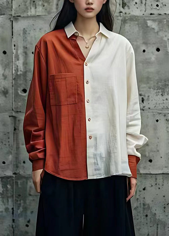 Brick Red Peter Pan Collar Patchwork Shirts Long Sleeve