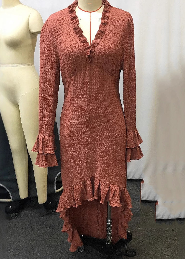 Brick Red Ruffled Low High Design Patchwork Maxi Dresses Spring