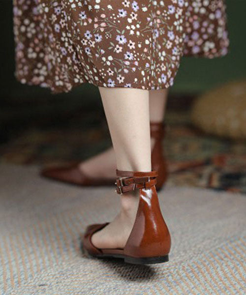 Brown Cowhide Leather Walking Sandals Pointed Toe Buckle Strap