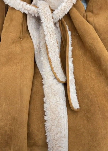 Brown Hooded Tie Waist Fleece Wool Lined Coat Winter