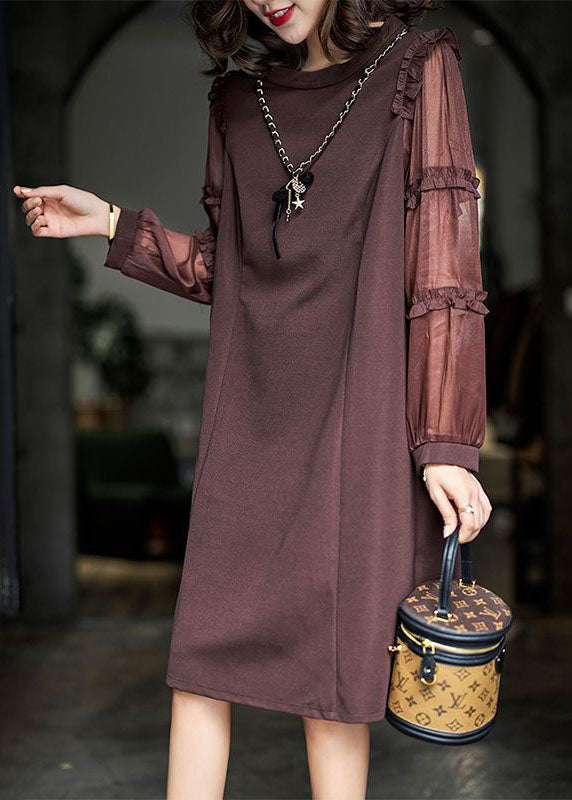 Brown Ruffled Patchwork Cotton Long Dress Spring
