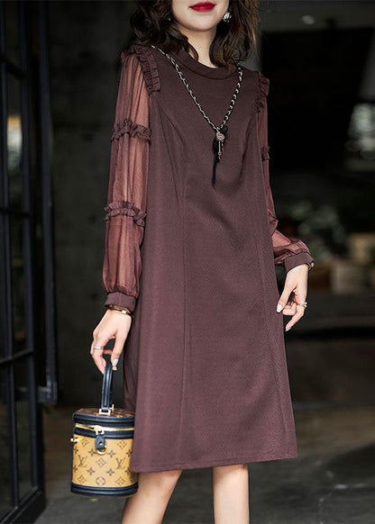 Brown Ruffled Patchwork Cotton Long Dress Spring