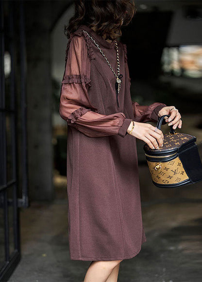 Brown Ruffled Patchwork Cotton Long Dress Spring