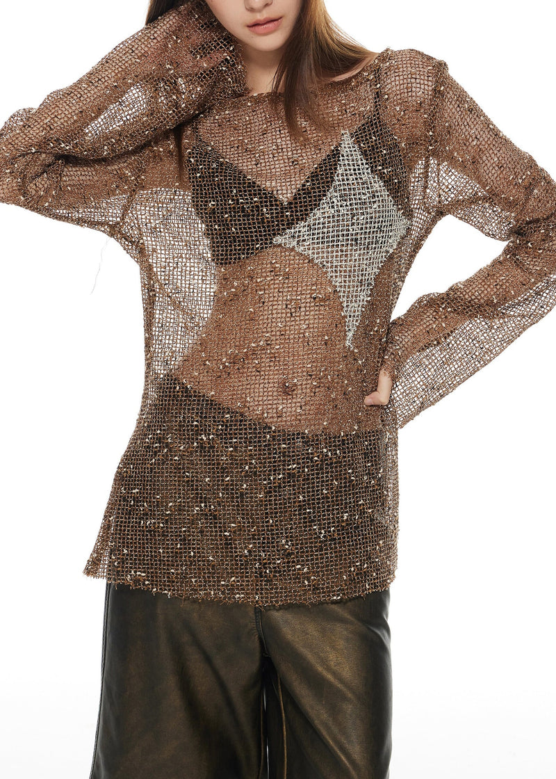 Brown Slash Neck Hollow Out Tulle T Shirt Long Sleeve