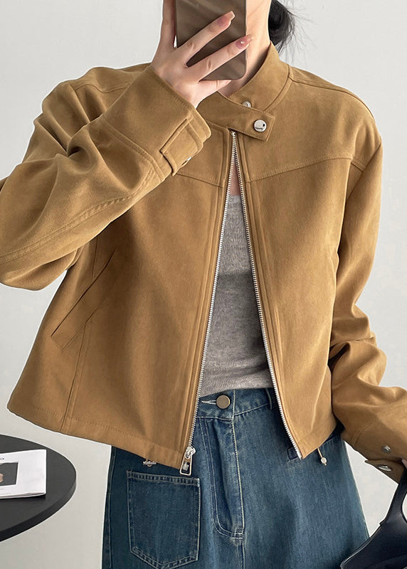 Brown Stand Collar Zippered Faux Suede Coats Spring