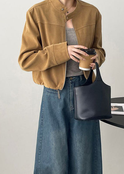 Brown Stand Collar Zippered Faux Suede Coats Spring