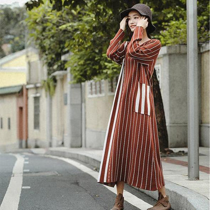 Brown Striped Baggy Maxi Sweater Dresses for
