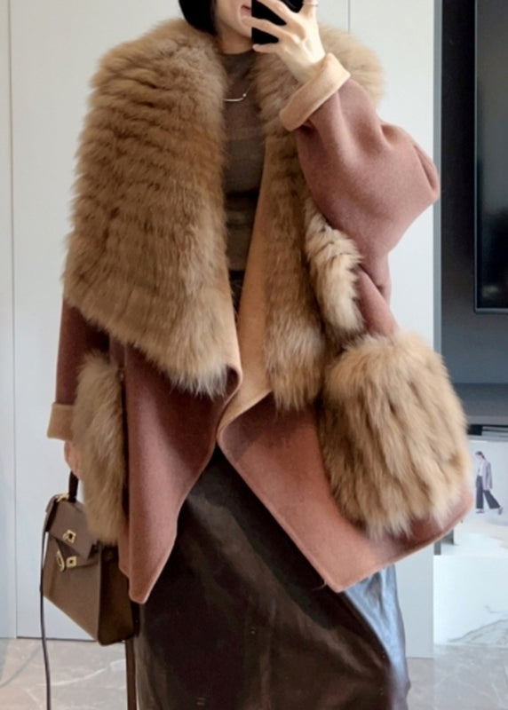 Camel Fur Collar Patchwork Long Woolen Coats Spring