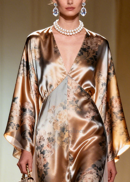 Champagne Print Tulle Patchwork Silk Maxi Dress Summer