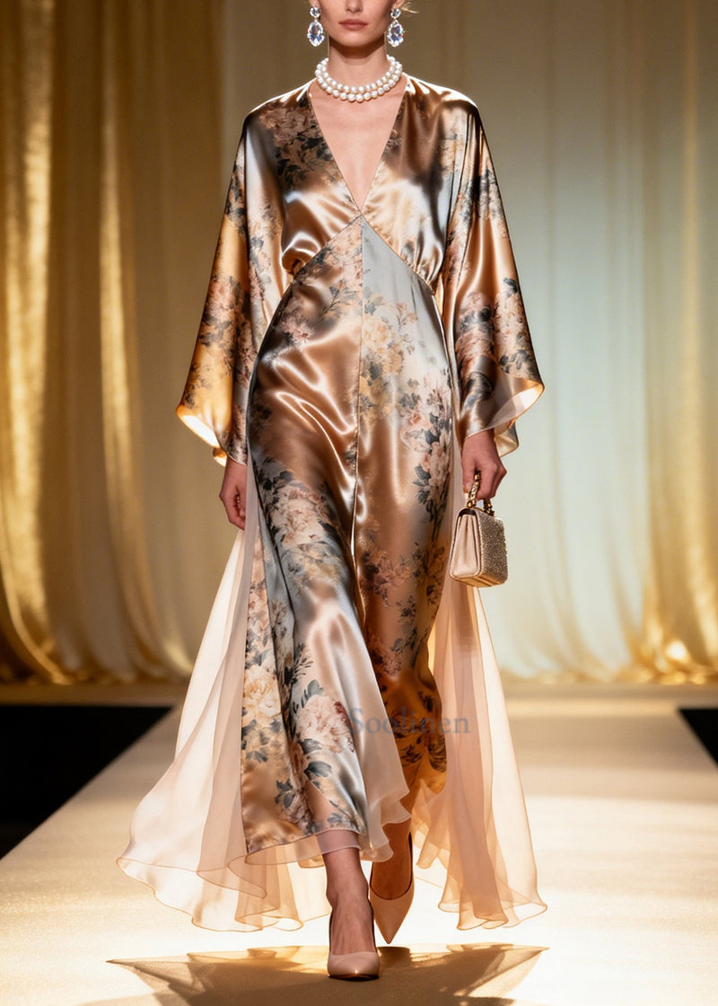 Champagne Print Tulle Patchwork Silk Maxi Dress Summer