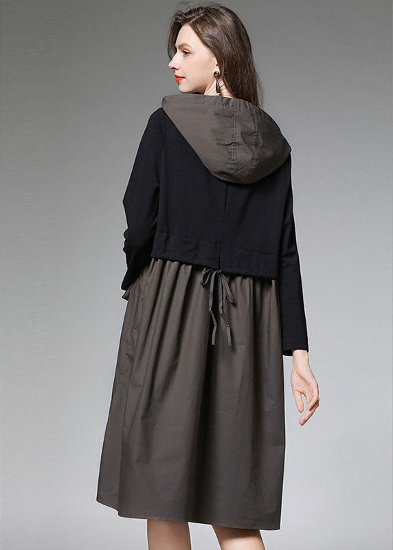 Armygreen Patchwork Hooded Dress Fall