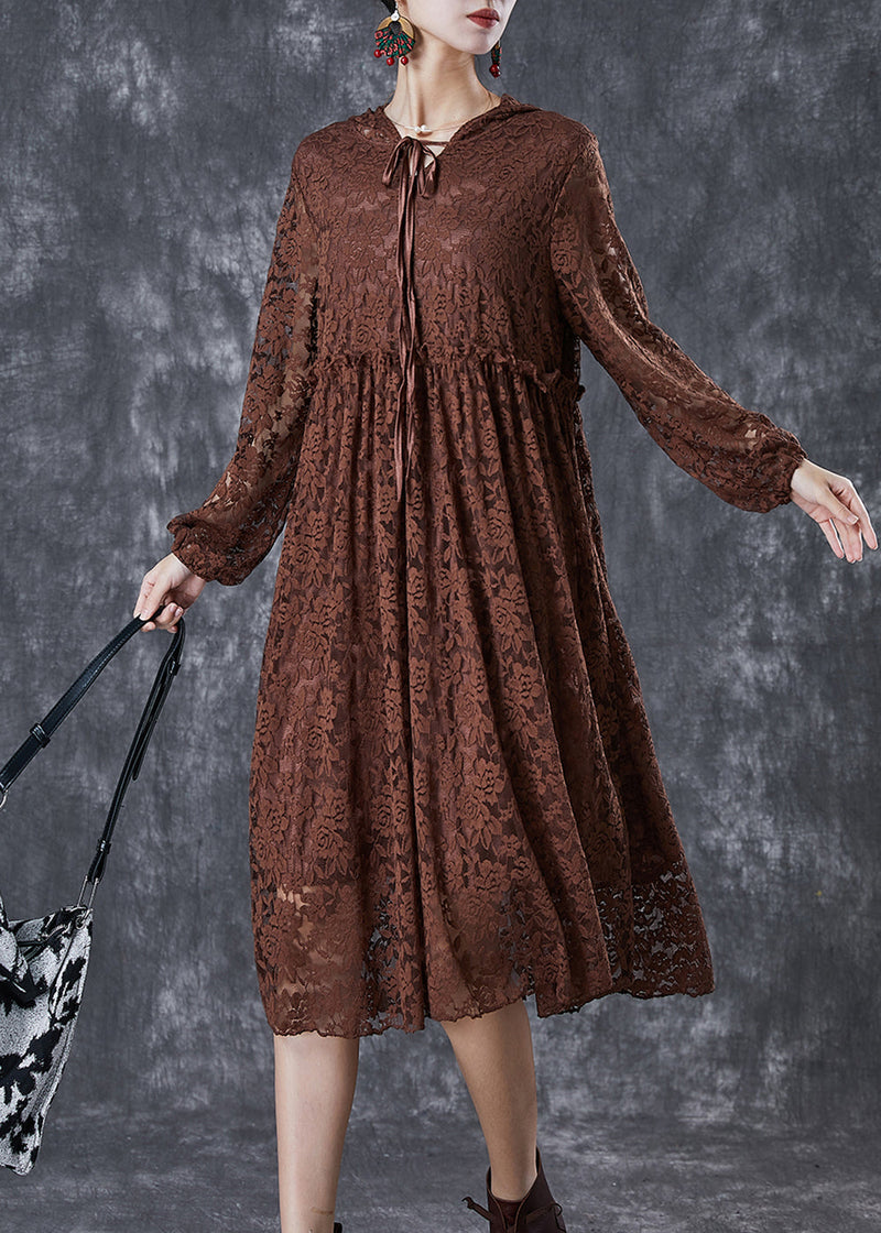 Chocolate Ruffled Hollow Out Lace Long Dresses Fall