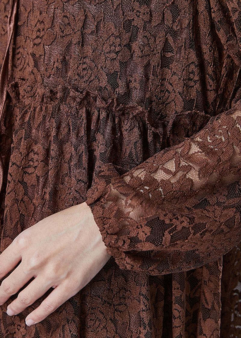 Chocolate Ruffled Hollow Out Lace Long Dresses Fall