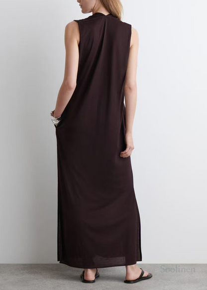 Chocolate V Neck Cotton Straight Dress Sleeveless