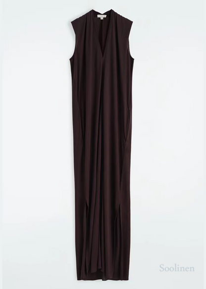 Chocolate V Neck Cotton Straight Dress Sleeveless