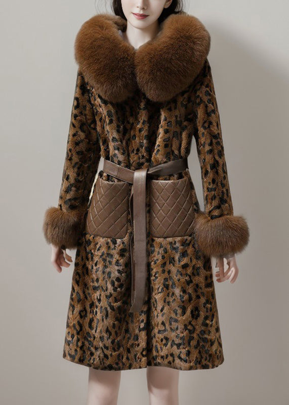 Coffe Leather and Fur Long Coats Print Mink Velvet Spring