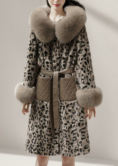 Coffe Leather and Fur Long Coats Print Mink Velvet Spring