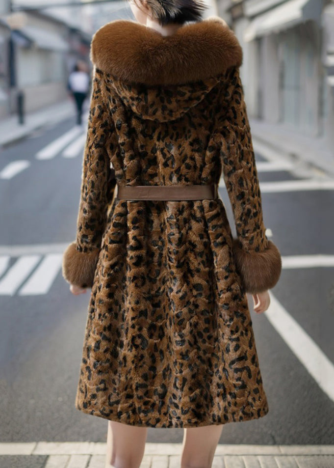 Coffe Leather and Fur Long Coats Print Mink Velvet Spring