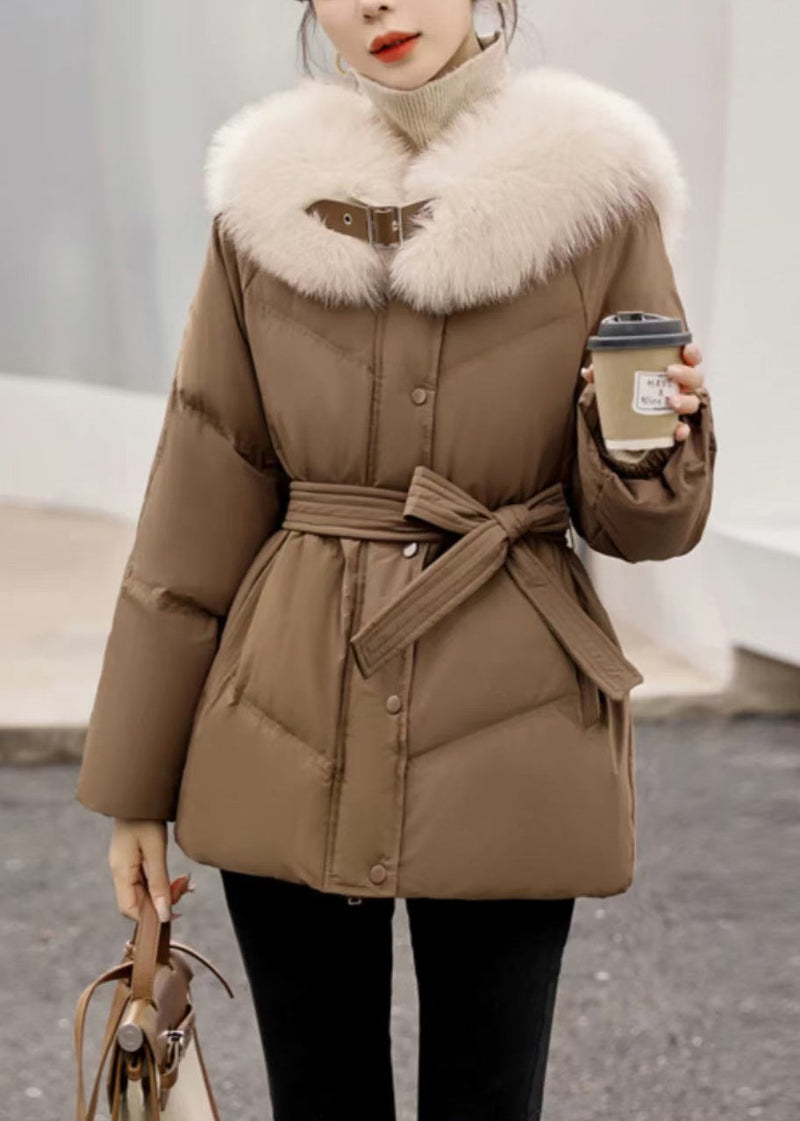 Coffee Fur Collar Zip Up Duck Down Winter Coats