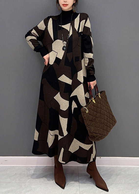 Chocolate Hign Neck Geometric Print Knit Sweater Dress Winter
