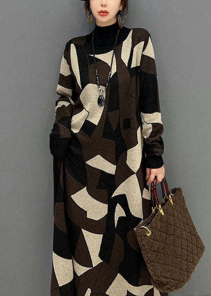Chocolate Hign Neck Geometric Print Knit Sweater Dress Winter