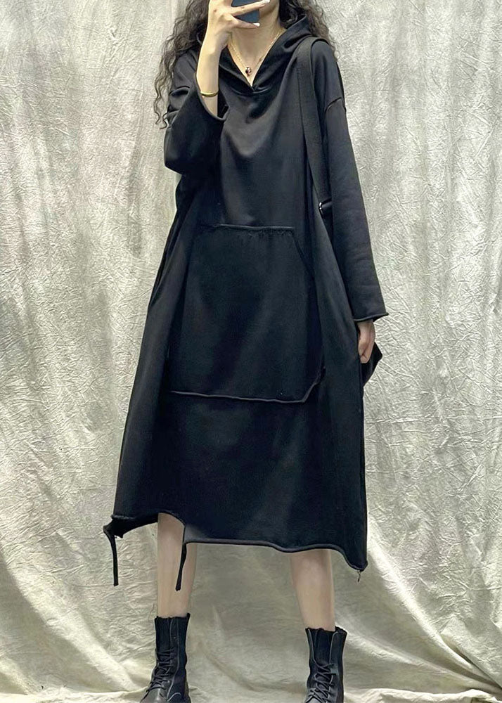 Chocolate Hooded Ripped Patchwork Cotton Sweatshirts Dress Fall