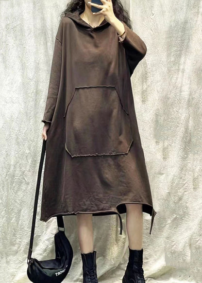 Chocolate Hooded Ripped Patchwork Cotton Sweatshirts Dress Fall