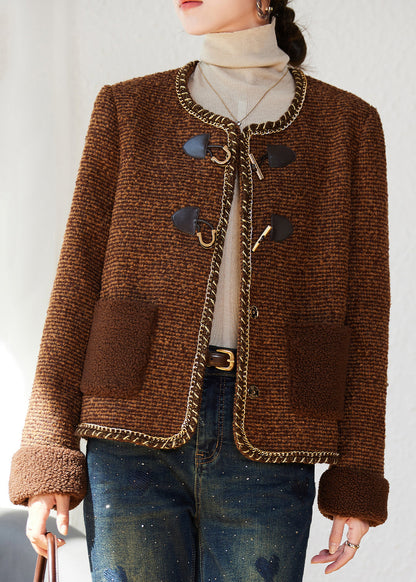 Coffee Pockets Button Woolen Duck Down Filled Jacket Winter