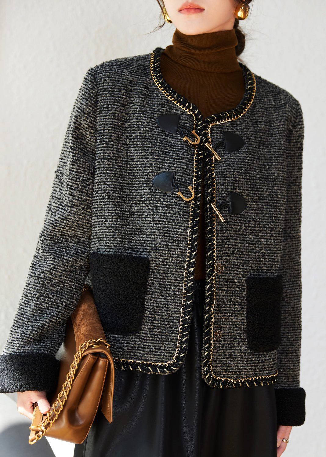 Coffee Pockets Button Woolen Duck Down Filled Jacket Winter