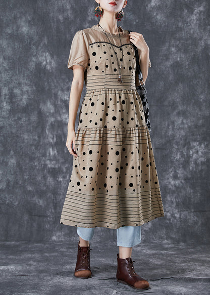 Coffee Ruffled Patchwork Print Chiffon Dress Summer