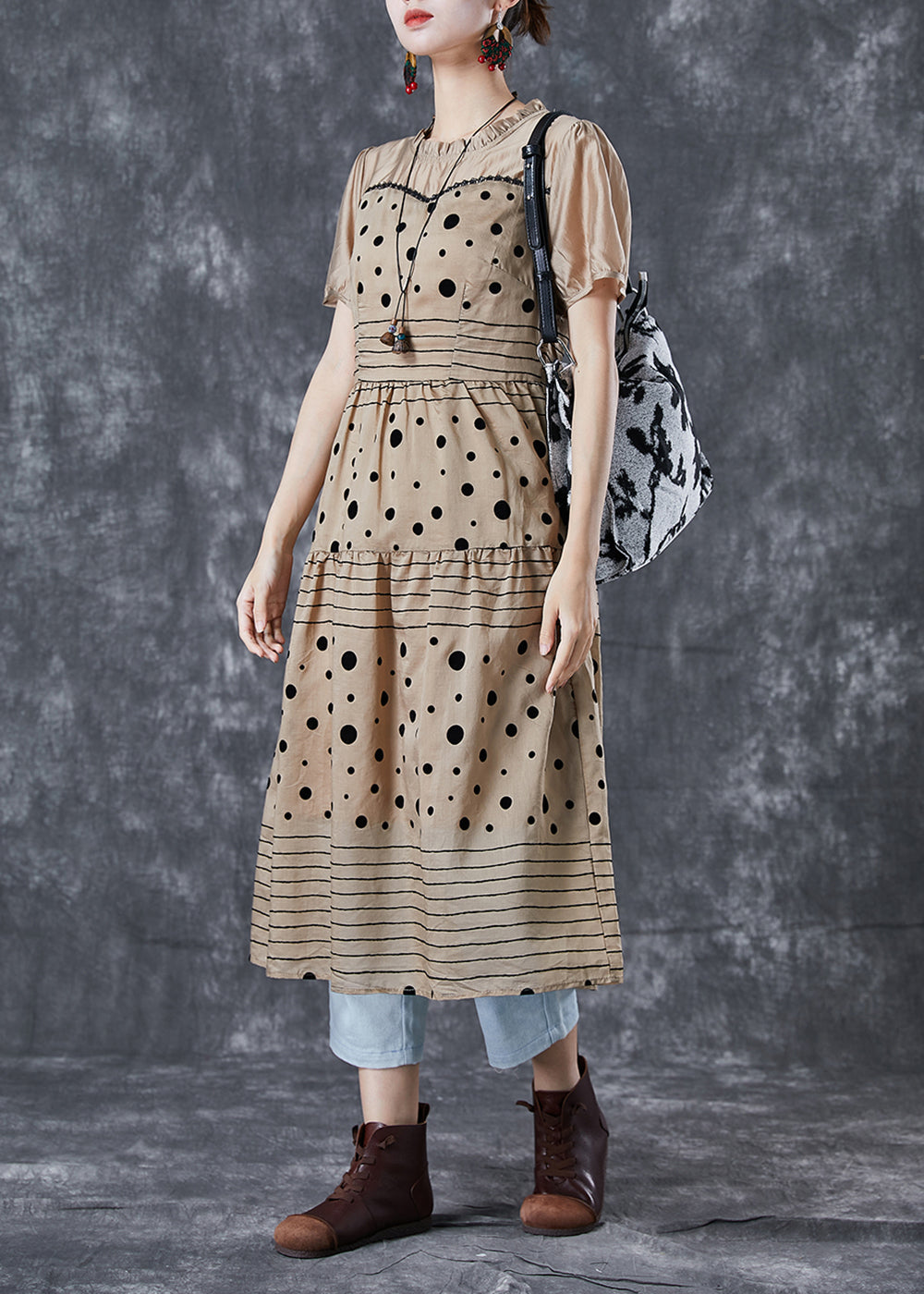 Coffee Ruffled Patchwork Print Chiffon Dress Summer