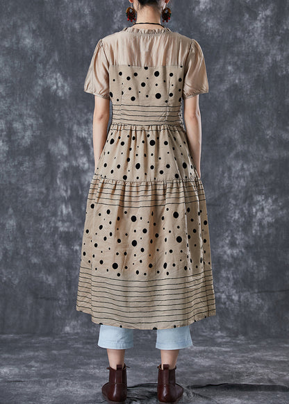 Coffee Ruffled Patchwork Print Chiffon Dress Summer