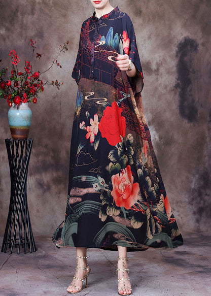 Chocolate Stand Collar Button Print Silk Holiday Dress Batwing Sleeve
