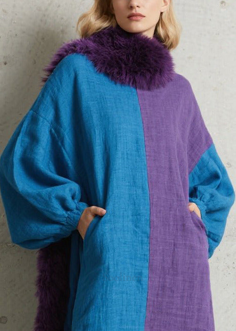 Colorblock Asymmetrical Patchwork Cotton Maxi Dresses Puff Sleeve