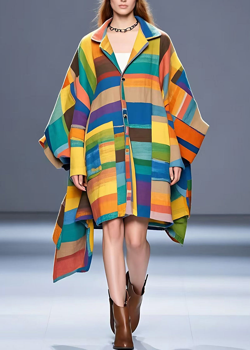 Colorblock Notched Asymmetrical Button Woolen Coat Fall