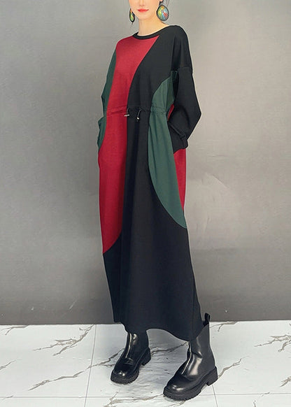 Colorblock O Neck Drawstring Cotton Dress Fall