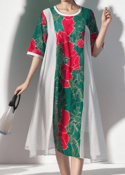 Colorblock O Neck Print Silk Dress Summer