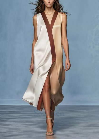 Colorblock Patchwork Side Open Draping Silk Dress Summer