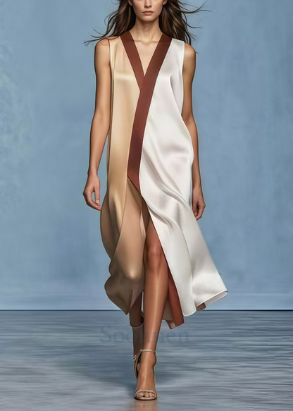 Colorblock Patchwork Side Open Draping Silk Dress Summer