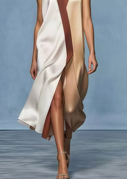 Colorblock Patchwork Side Open Draping Silk Dress Summer