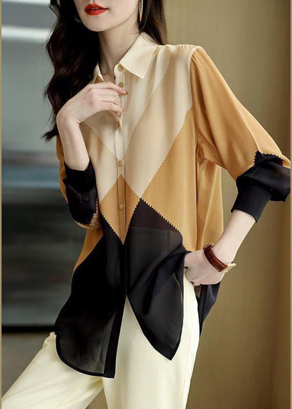 Fashion Colorblock Peter Pan Collar Button Chiffon Blouses Spring