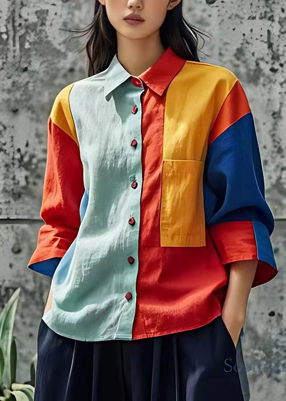 Colorblock Peter Pan Collar Button Shirts Fall