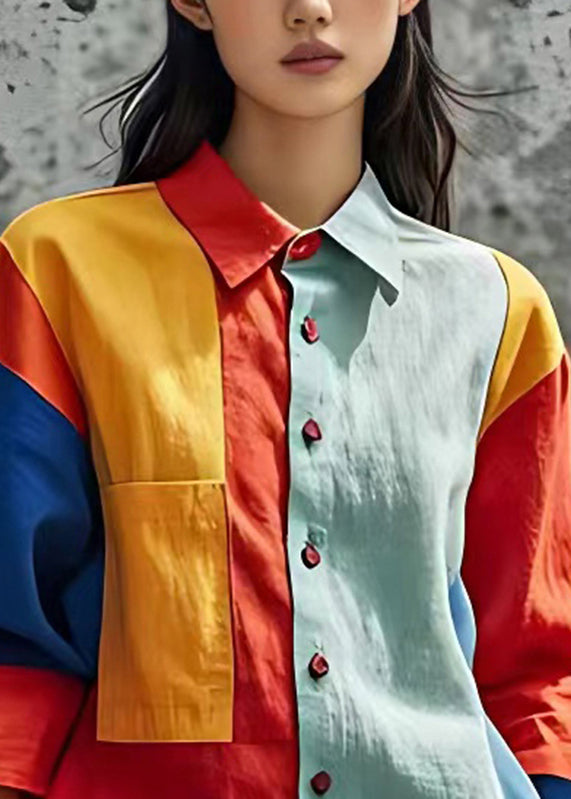 Colorblock Peter Pan Collar Button Shirts Fall
