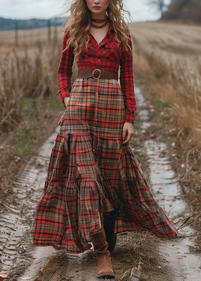 Colorblock Plaid Wrinkled Cotton Maxi Dresses Long Sleeve
